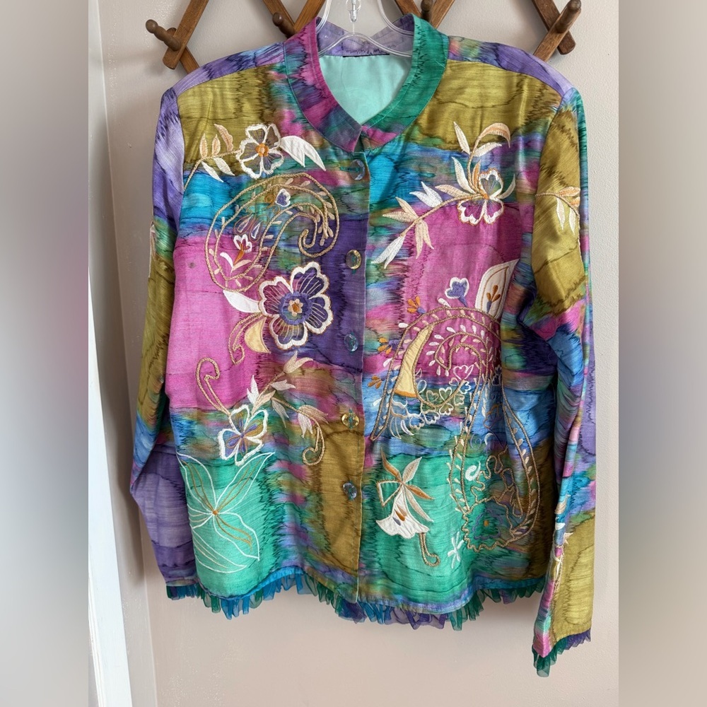 Multicolor Floral Embroidered Satin Jacket - Women's Blazer